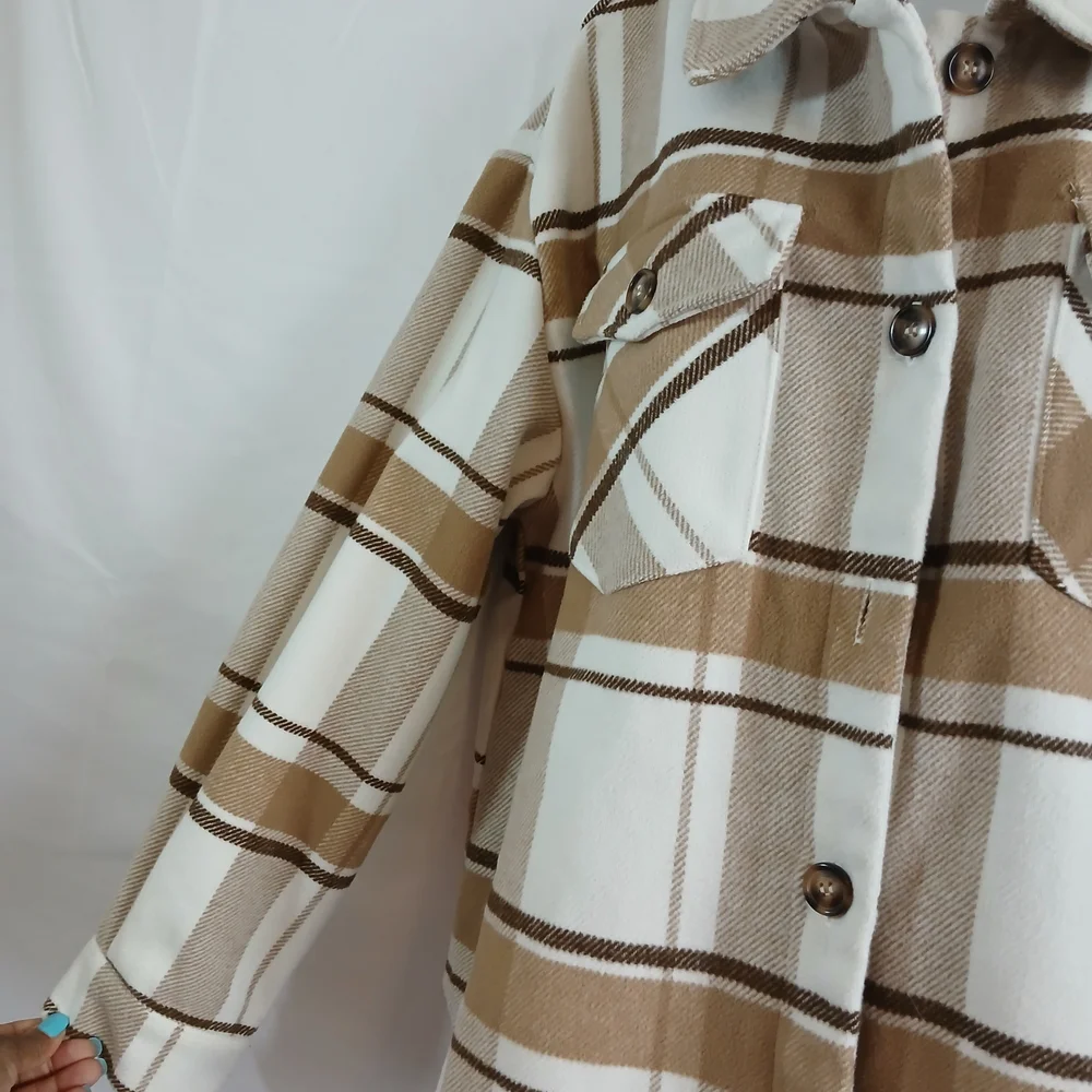 Love Tree Tan and Cream Plaid Utility Jacket Sz 1X Casual Cabin Work Outdoor